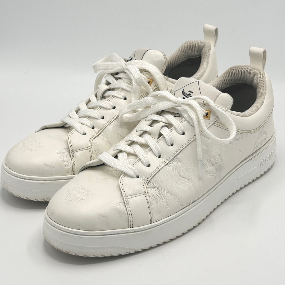 MCM Neo Derby Luxury Sneakers, White Embossed Leather, size EU 42, US 9
